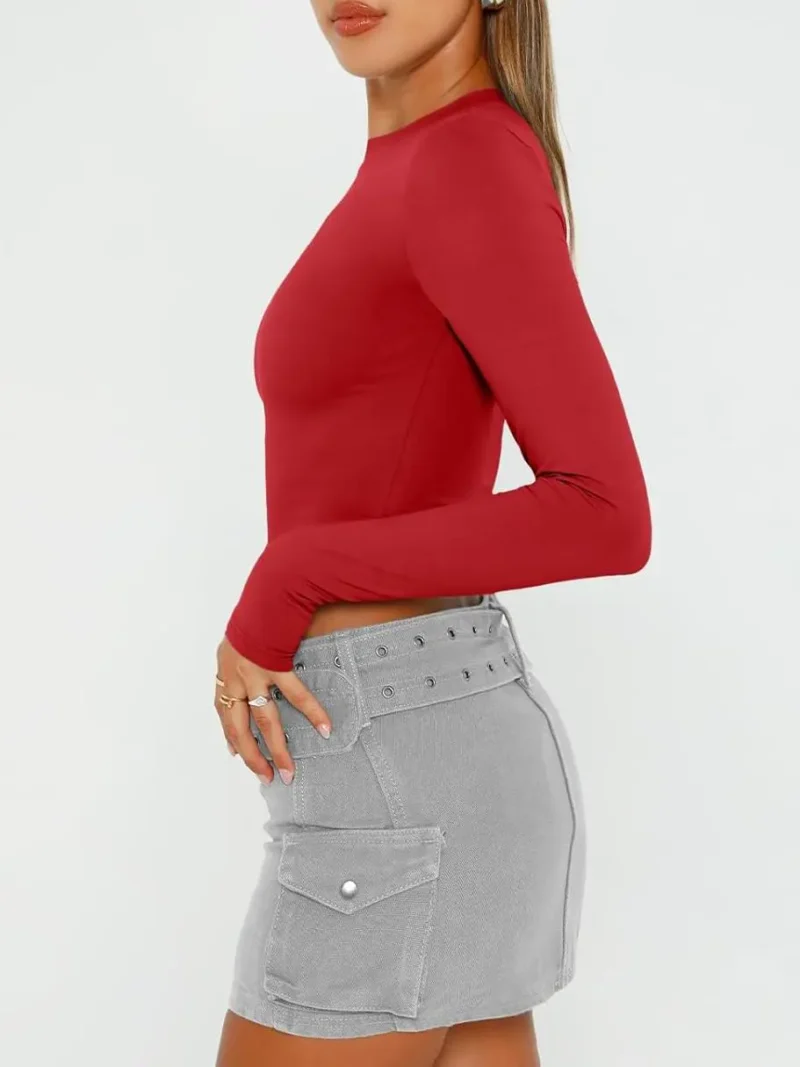 Red Color Womens Long Sleeve Crop Slim T Shirts - Image 4