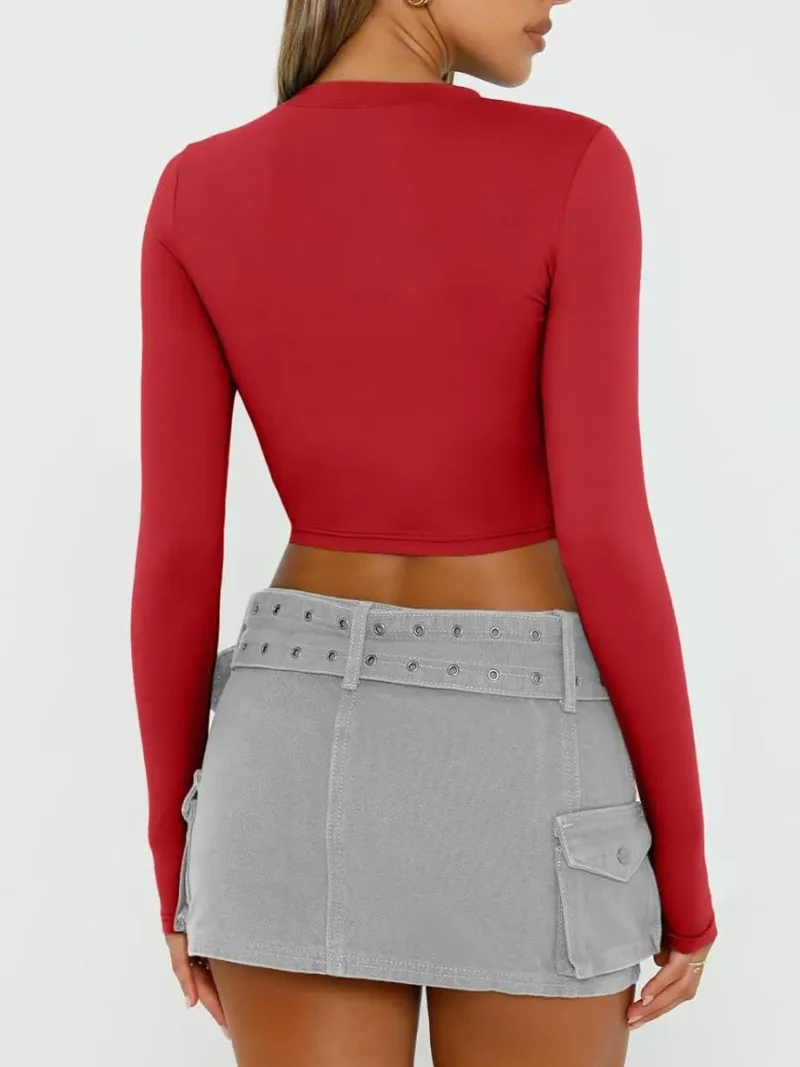 Red Color Womens Long Sleeve Crop Slim T Shirts - Image 5
