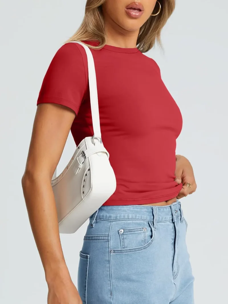 Red Color Womens Short Sleeve Slim Fit Tee - Image 4