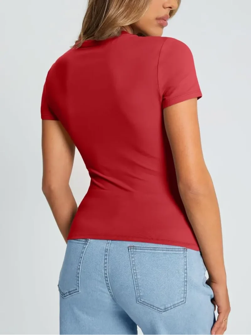 Red Color Womens Short Sleeve Slim Fit Tee - Image 5