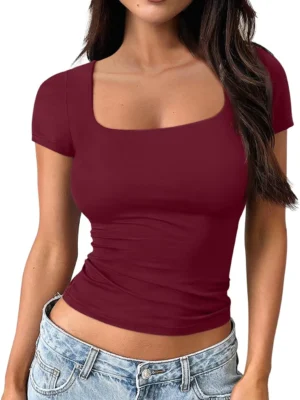 Burgundy Color Womens Double Lined Going Out Crop T Shirts