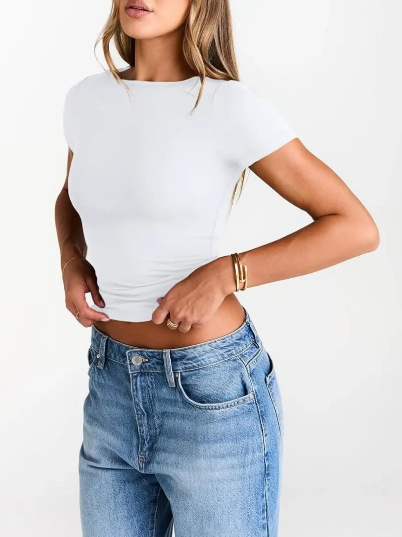 Black White Color Womens Boat Neck Tops Short Sleeve T-Shirts - Image 6