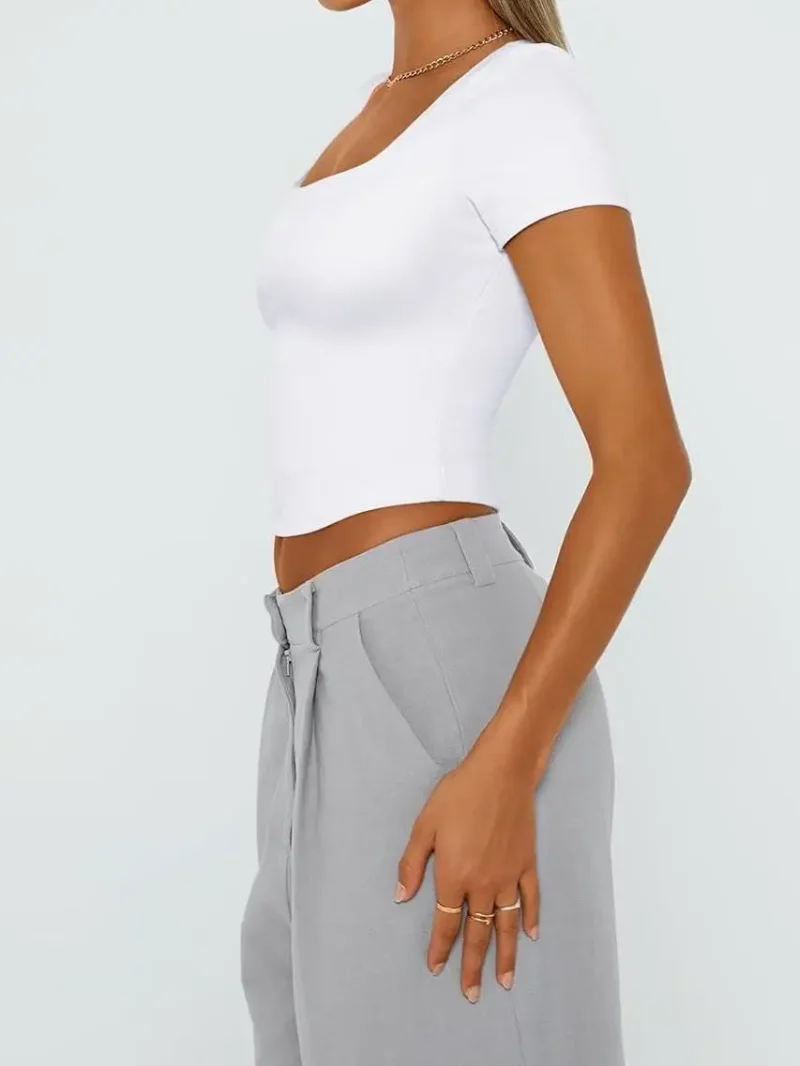 Black White Color Womens Double Lined Going Out Crop T-Shirts - Image 7