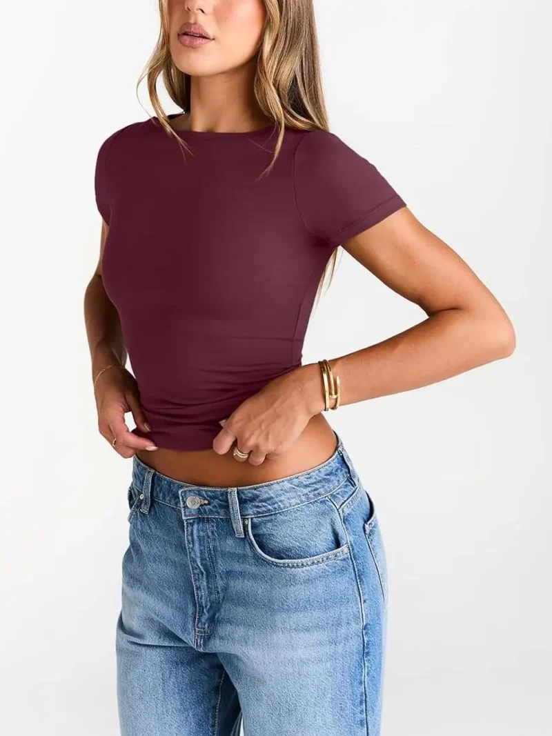 Red Color Womens Boat Neck Tops Short Sleeve T-Shirts - Image 6