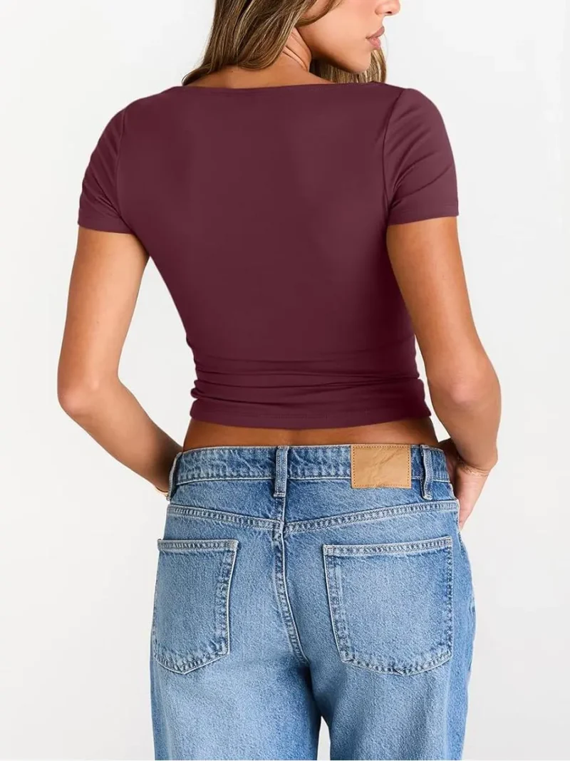 Red Color Womens Boat Neck Tops Short Sleeve T-Shirts - Image 7