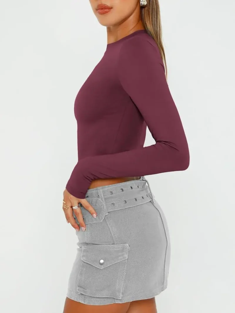 Red Color Womens Long Sleeve Crop Slim T Shirts - Image 6