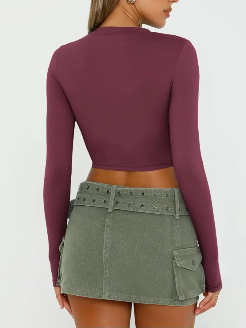Red Color Womens Long Sleeve Crop Slim T Shirts - Image 7