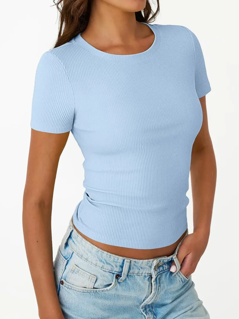 Womens Crewneck Ribbed Knit T-Shirt Blue Color - Image 4