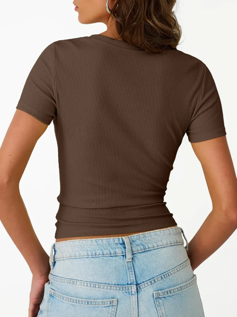 Womens Crewneck Ribbed Knit T-Shirt Brown Color - Image 4