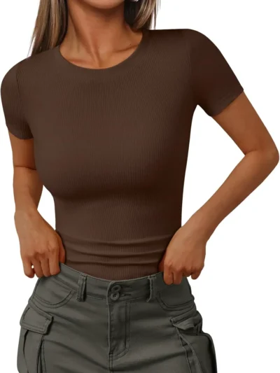 Womens Crewneck Ribbed Knit T-Shirt Brown Color