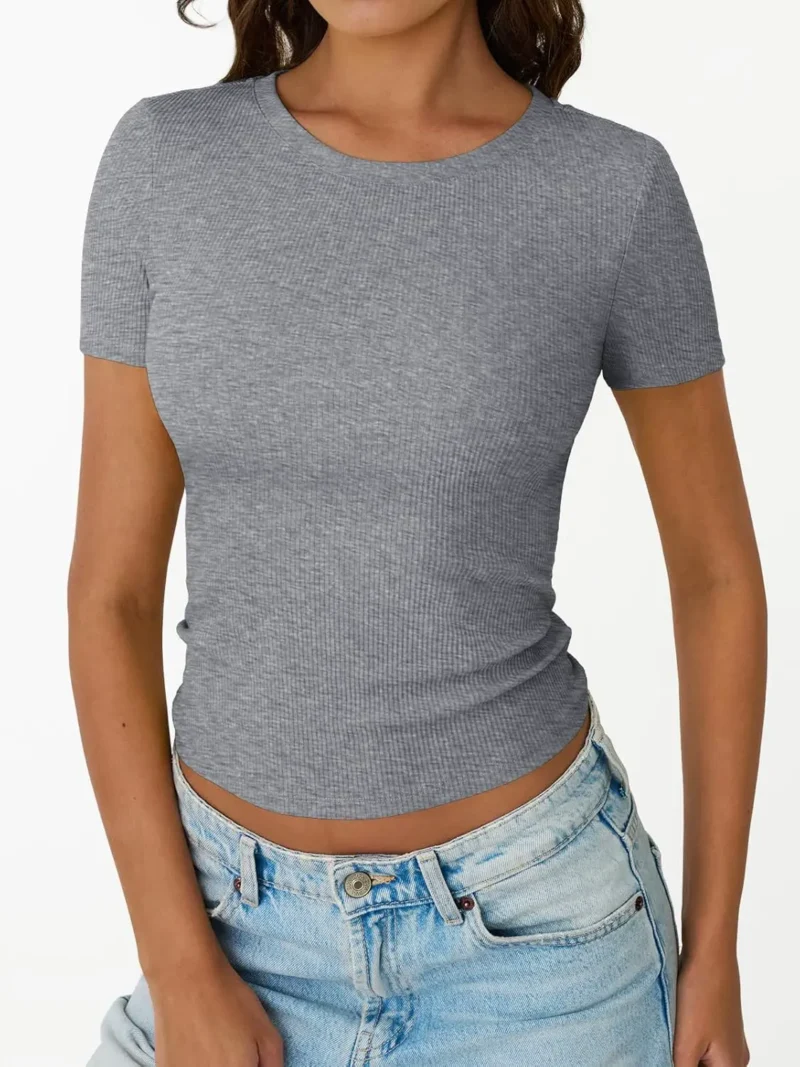 Womens Crewneck Ribbed Knit T-Shirt Gray Color - Image 2
