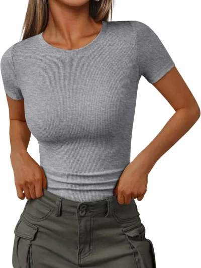Womens Crewneck Ribbed Knit T-Shirt Gray Color