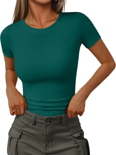 Womens Crewneck Ribbed Knit T-Shirt Green Color