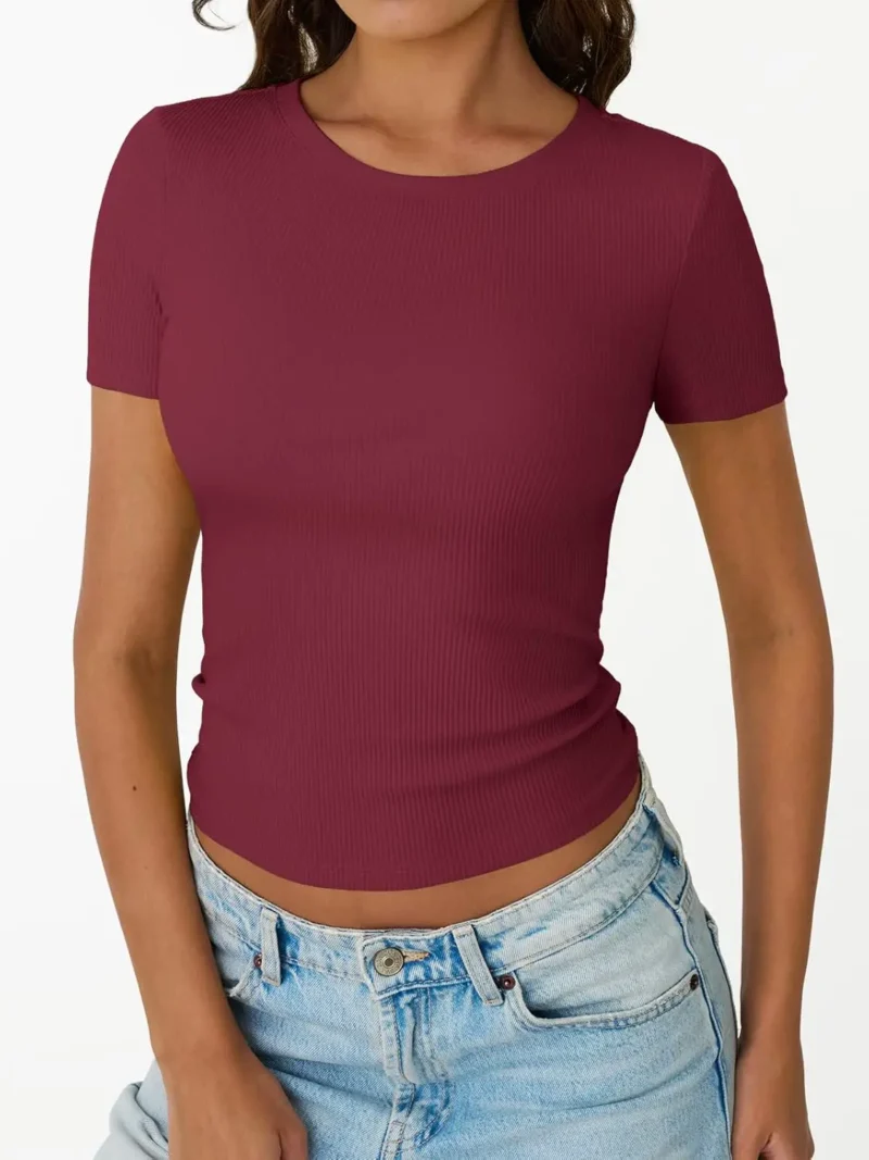 Womens Crewneck Ribbed Knit T-Shirt Red Color - Image 2