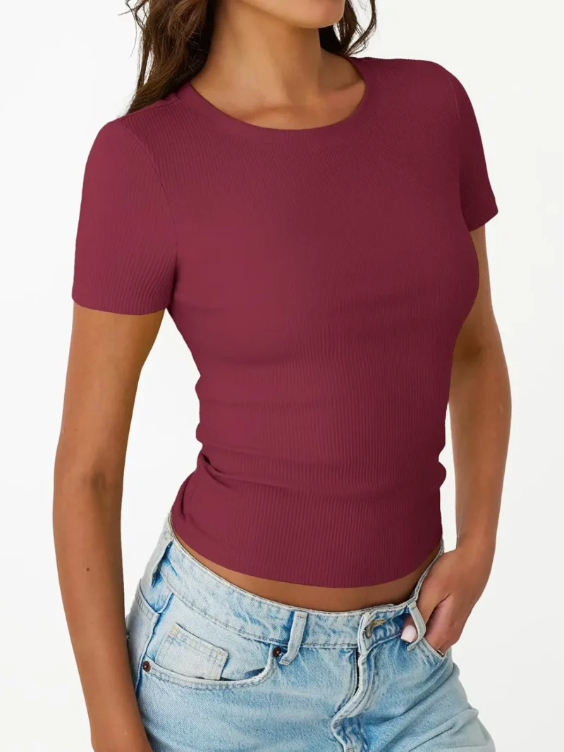 Womens Crewneck Ribbed Knit T-Shirt Red Color - Image 3