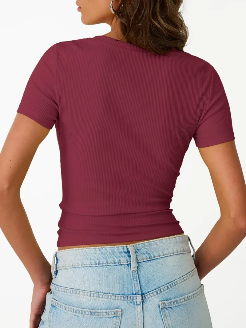 Womens Crewneck Ribbed Knit T-Shirt Red Color - Image 4