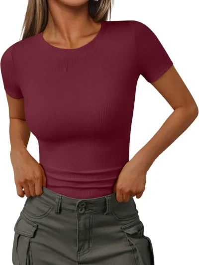 Womens Crewneck Ribbed Knit T-Shirt Red Color
