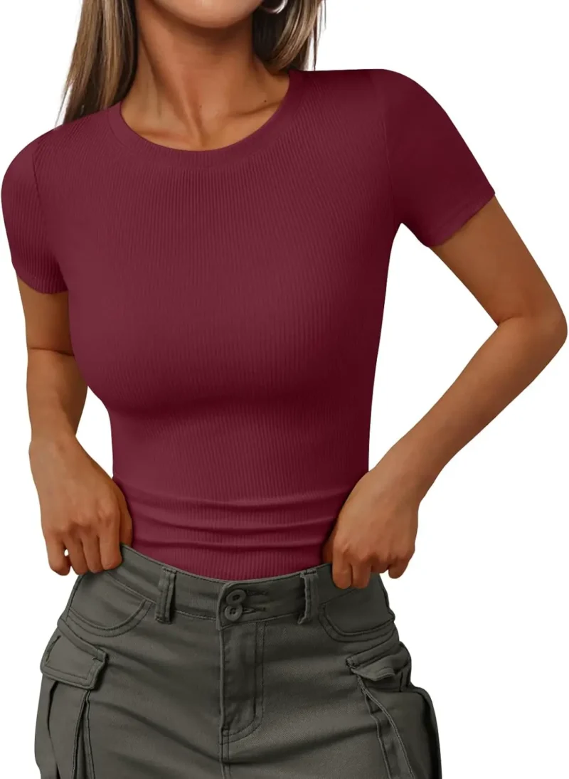 Womens Crewneck Ribbed Knit T-Shirt Red Color