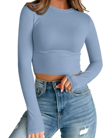 Womens Long Sleeve Crop Slim T Shirts Blue Color