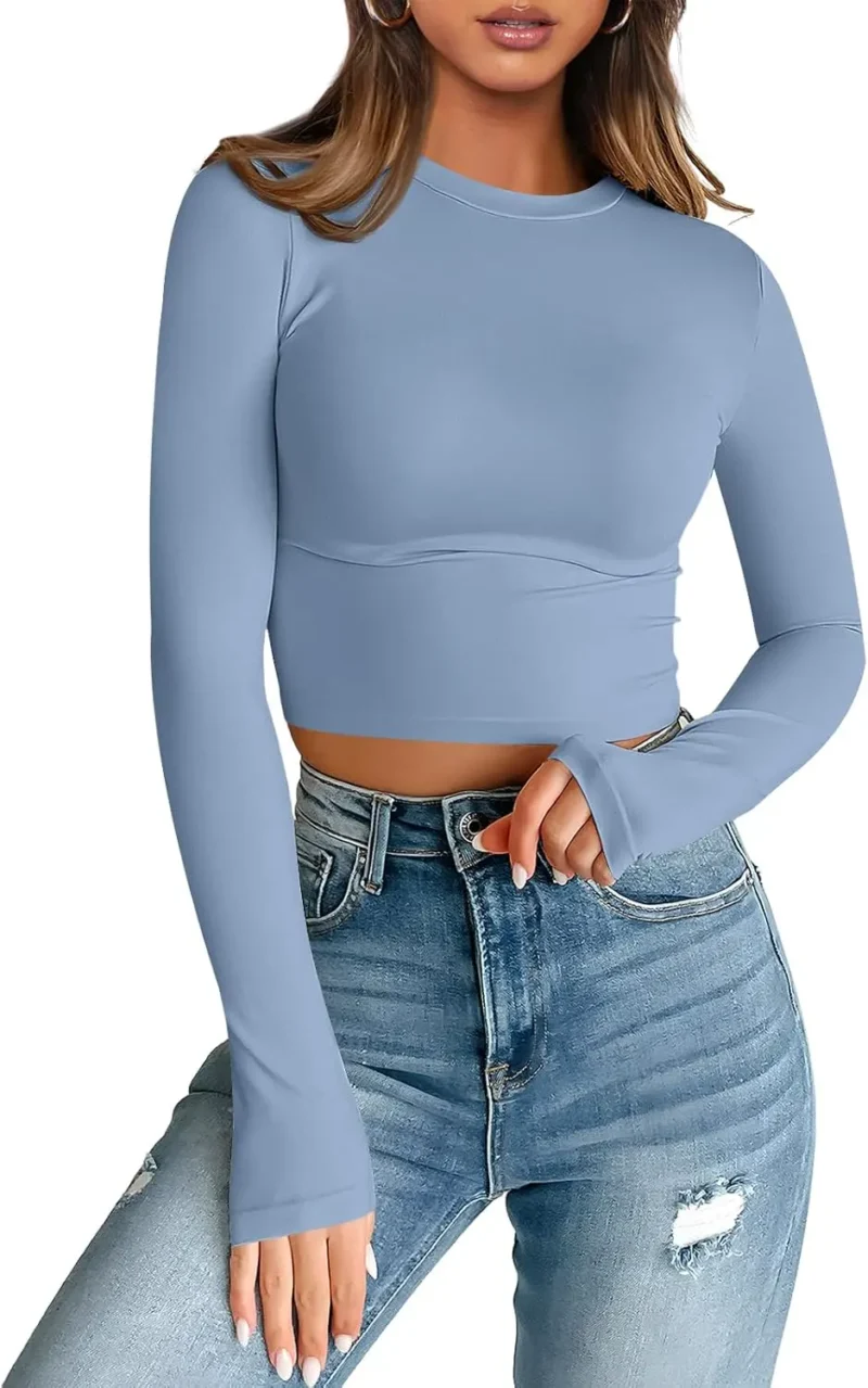Womens Long Sleeve Crop Slim T Shirts Blue Color