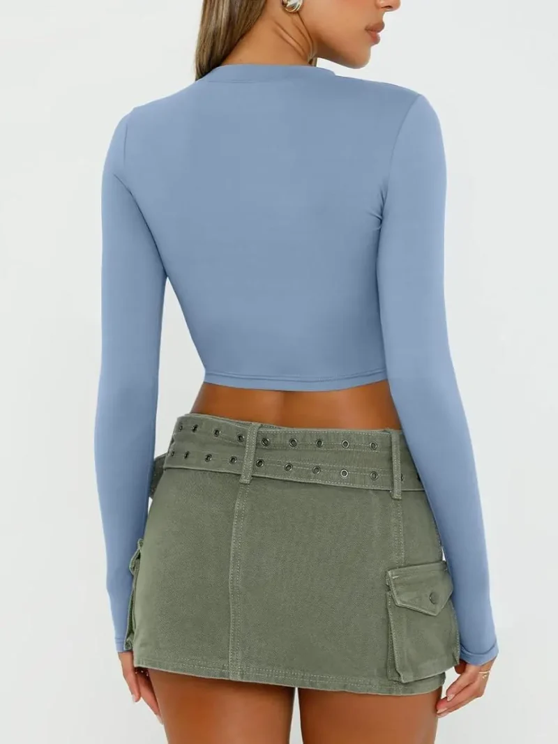 Womens Long Sleeve Crop Slim T Shirts Blue Color - Image 3
