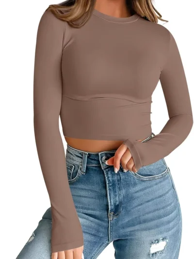 Womens Long Sleeve Crop Slim T Shirts Brown Color