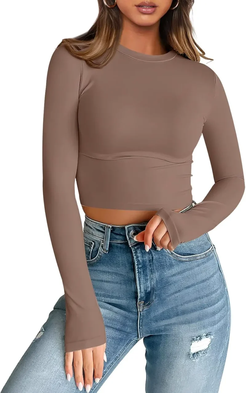 Womens Long Sleeve Crop Slim T Shirts Brown Color
