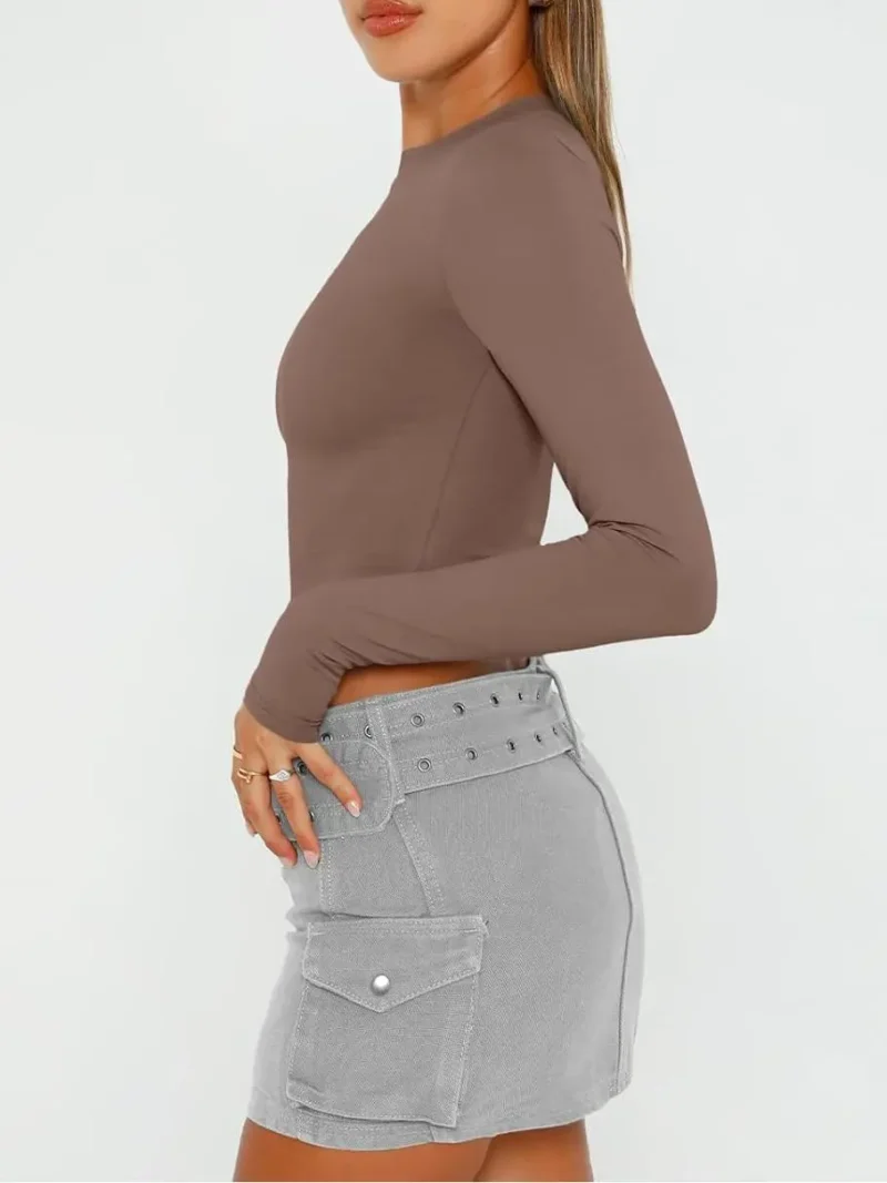Womens Long Sleeve Crop Slim T Shirts Brown Color - Image 2