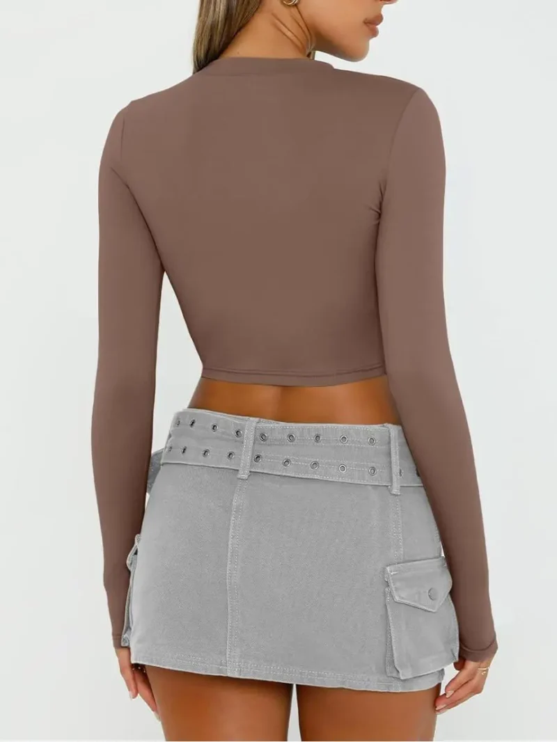 Womens Long Sleeve Crop Slim T Shirts Brown Color - Image 3