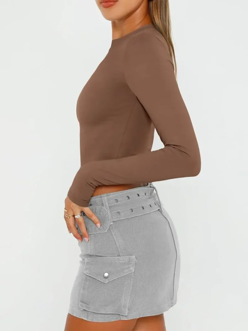Womens Long Sleeve Crop Slim T Shirts Brown Color - Image 4