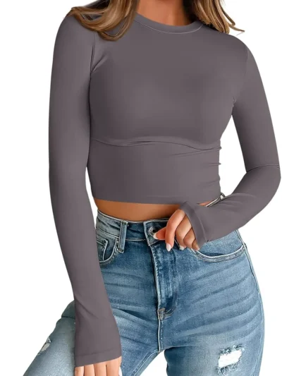 Womens Long Sleeve Crop Slim T Shirts Gray Color