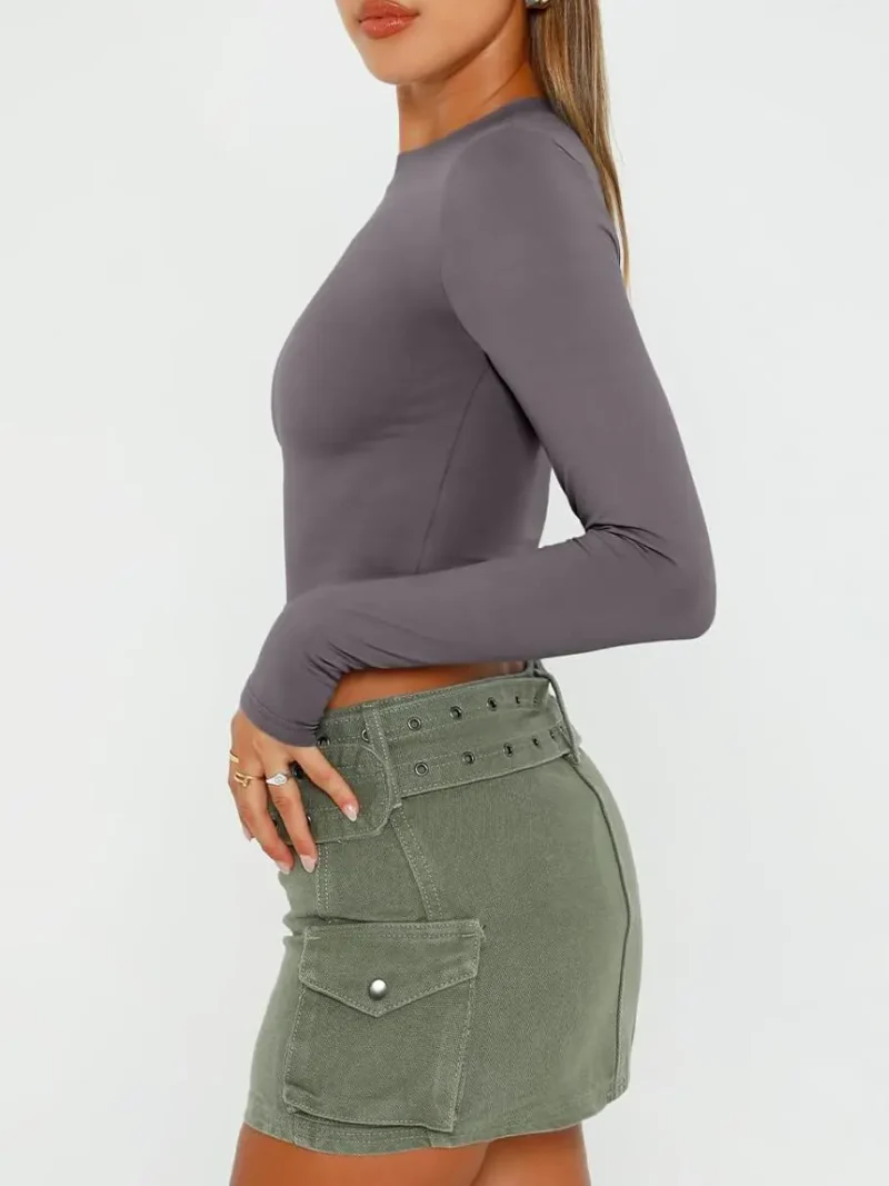 Womens Long Sleeve Crop Slim T Shirts Gray Color - Image 5