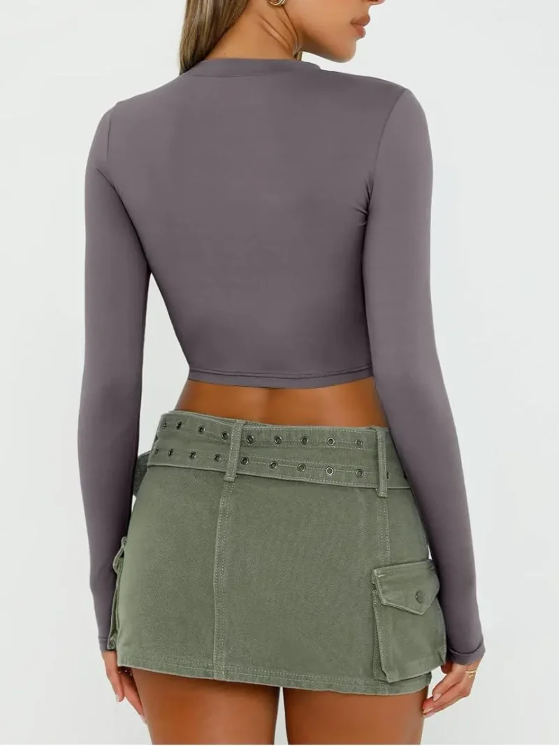 Womens Long Sleeve Crop Slim T Shirts Gray Color - Image 4