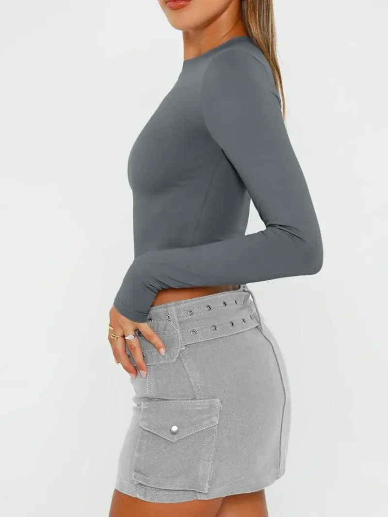 Womens Long Sleeve Crop Slim T Shirts Gray Color - Image 2