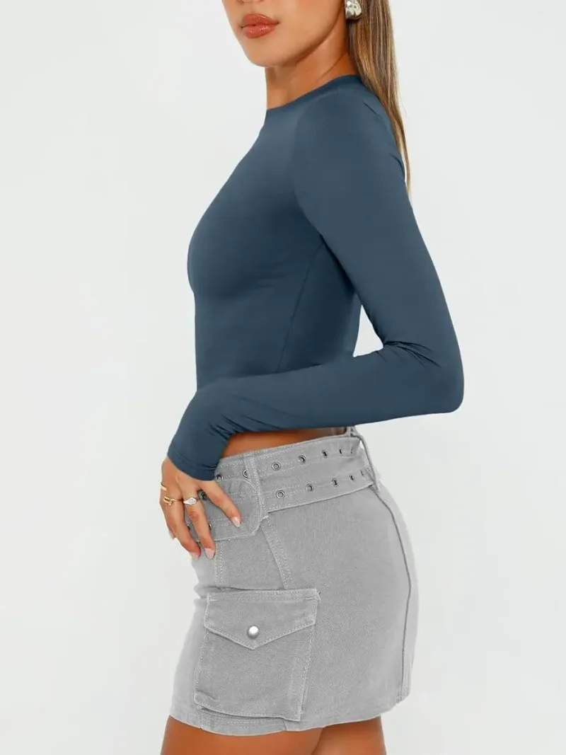 Womens Long Sleeve Crop Slim T Shirts Blue Color - Image 4