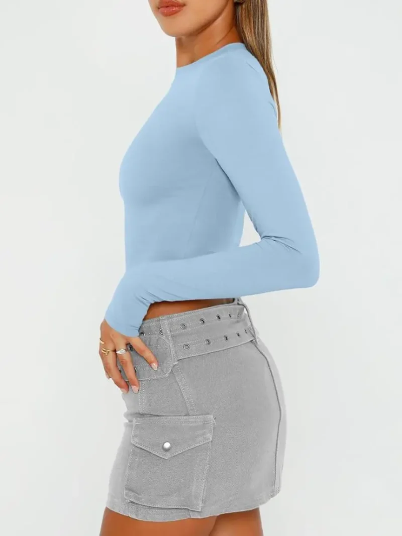 Womens Long Sleeve Crop Slim T Shirts Blue Color - Image 6