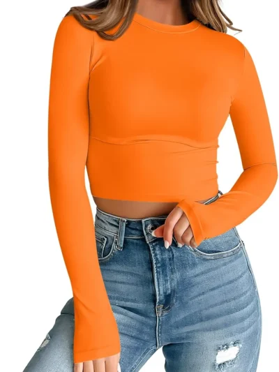 Womens Long Sleeve Crop Slim T Shirts Orange Color