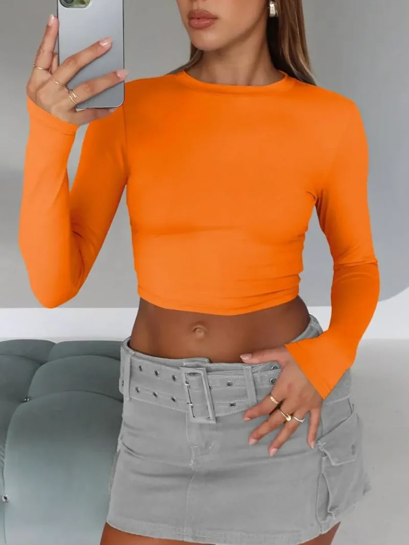 Womens Long Sleeve Crop Slim T Shirts Orange Color - Image 4