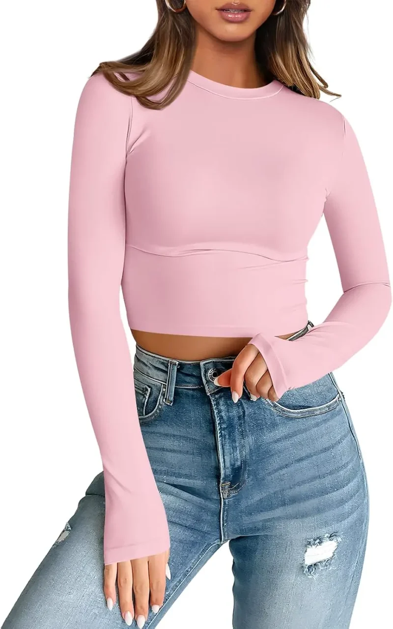 Womens Long Sleeve Crop Slim T Shirts Pink Color
