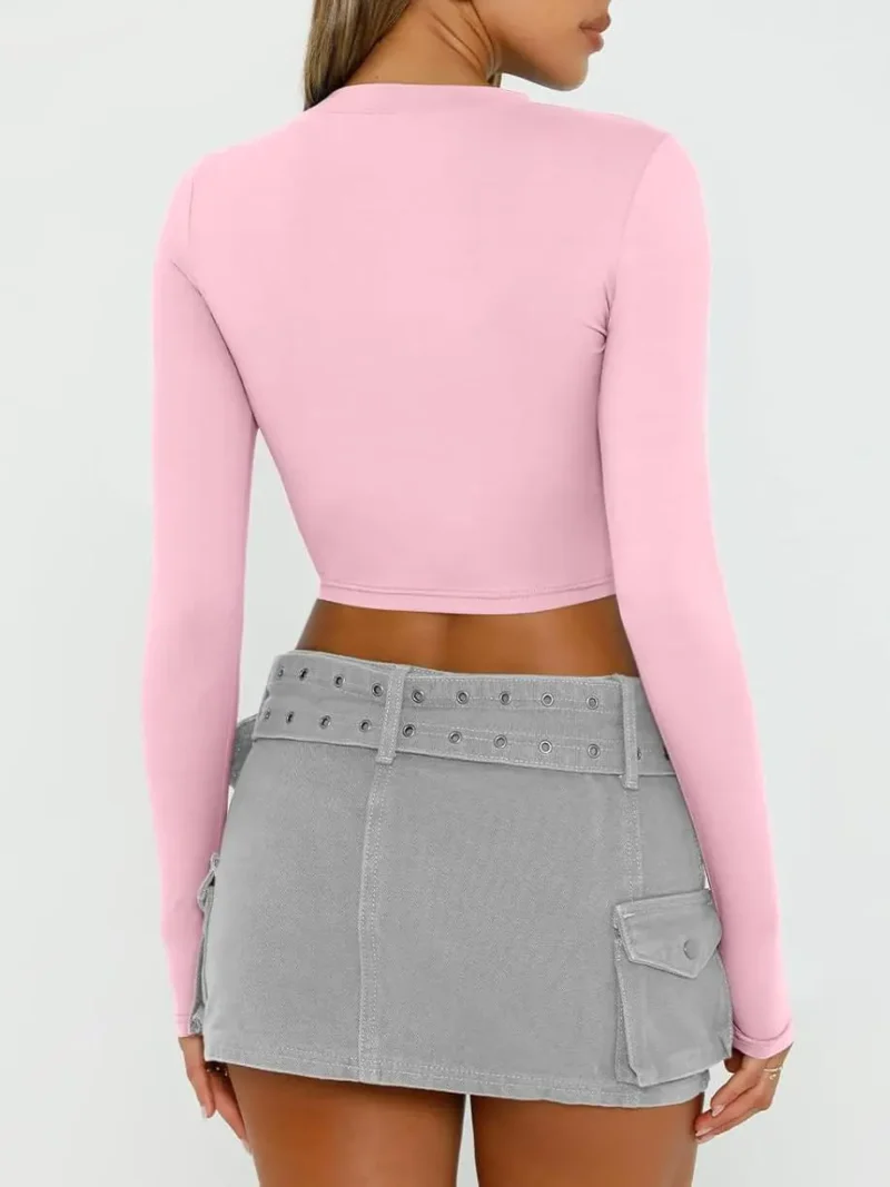 Womens Long Sleeve Crop Slim T Shirts Pink Color - Image 5
