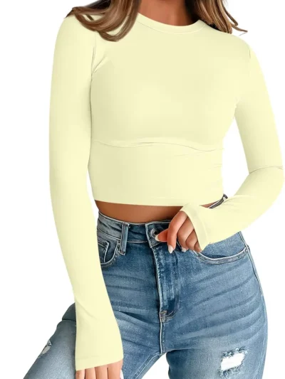 Womens Long Sleeve Crop Slim T Shirts Yellow Color