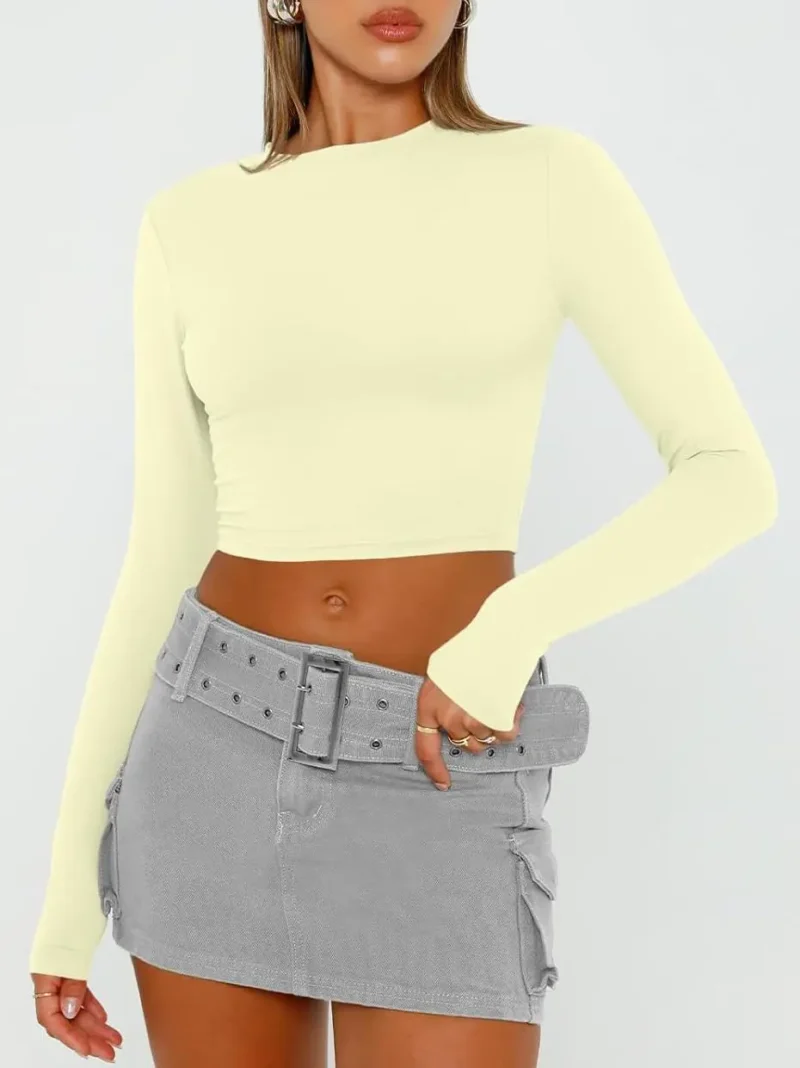 Womens Long Sleeve Crop Slim T Shirts Yellow Color - Image 2