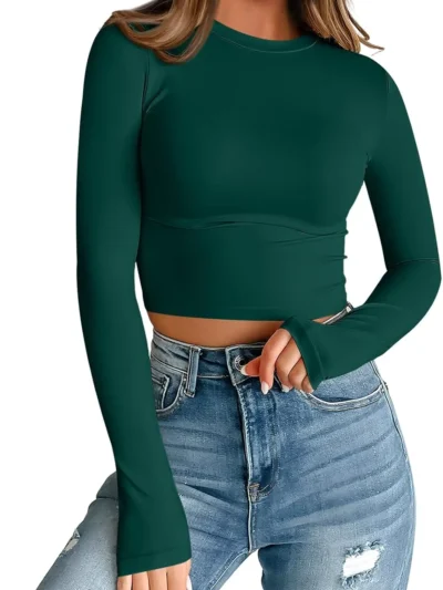 Womens Long Sleeve Crop Slim T Shirts Green Color