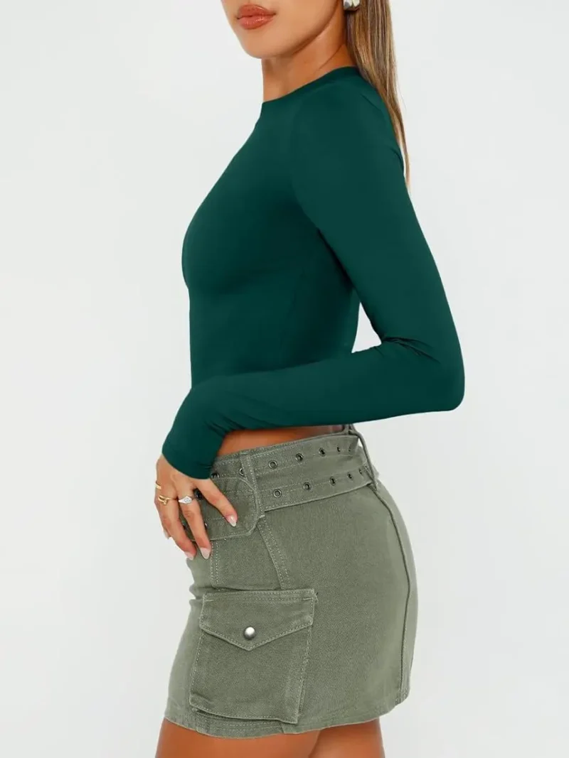Womens Long Sleeve Crop Slim T Shirts Green Color - Image 4