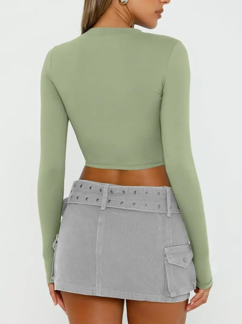 Womens Long Sleeve Crop Slim T Shirts Green Color - Image 7