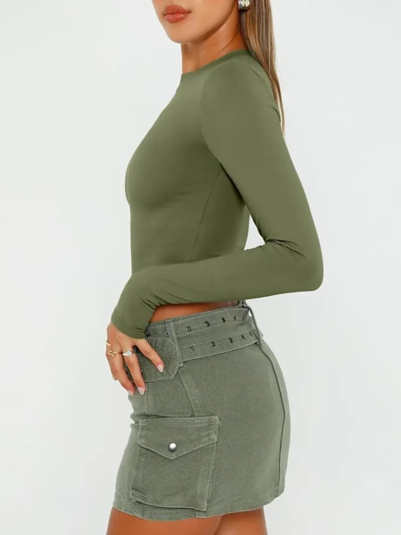 Womens Long Sleeve Crop Slim T Shirts Green Color - Image 8