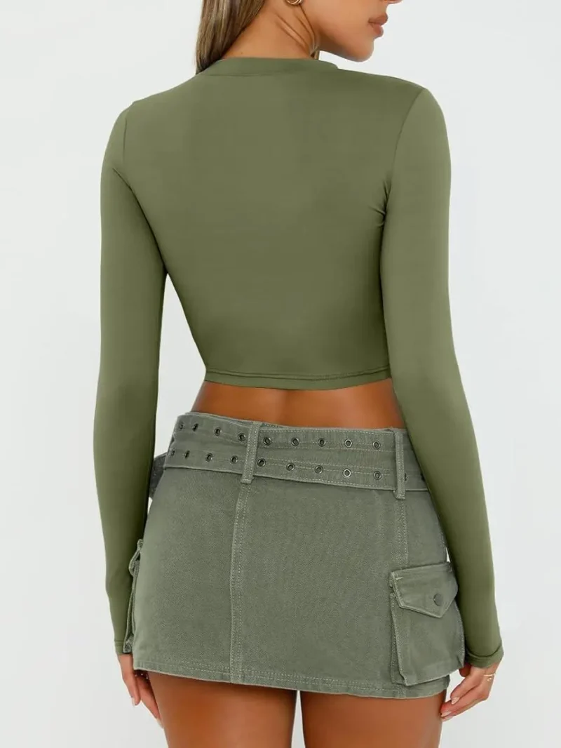 Womens Long Sleeve Crop Slim T Shirts Green Color - Image 9