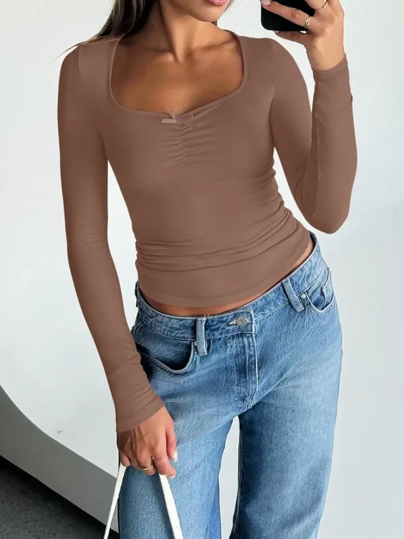 Womens Long Sleeve Fashion Tops Brown Color - Image 3