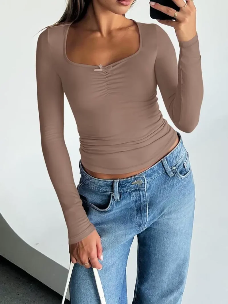 Womens Long Sleeve Fashion Tops Brown Color - Image 7