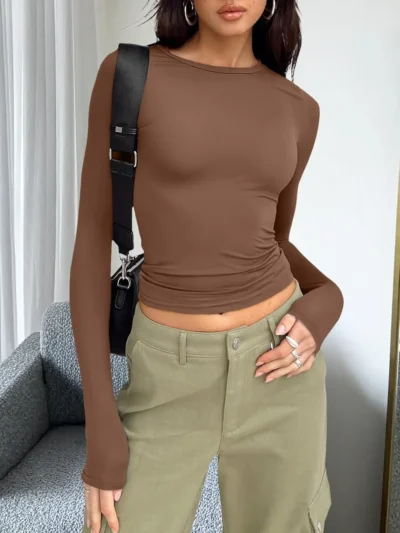 Womens Long Sleeve Shirts Fall Fashion 2025 Brown Color